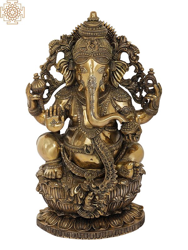 24" Superfine King Ganesha Seated on Lotus In Brass | Handmade | Made In India