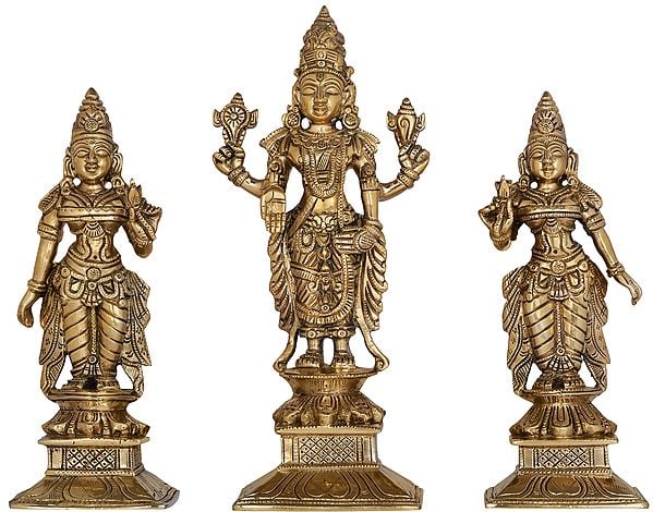 11" Bhagawan Vishnu with Lakshmi and Bhudevi In Brass | Handmade | Made In India