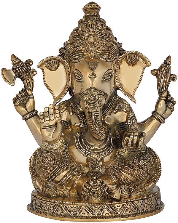 10" Fine Quality Seated Lord Ganesha In Brass | Handmade | Made In India