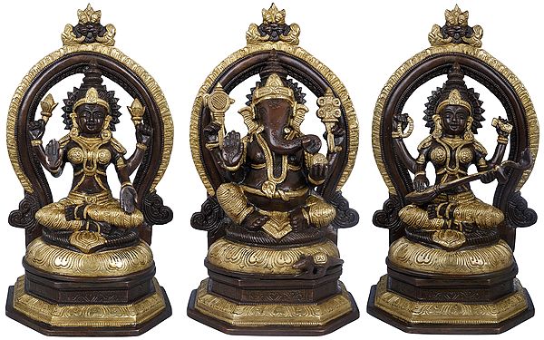 11" Lakshmi Ganesha and Saraswati In Brass | Handmade | Made In India