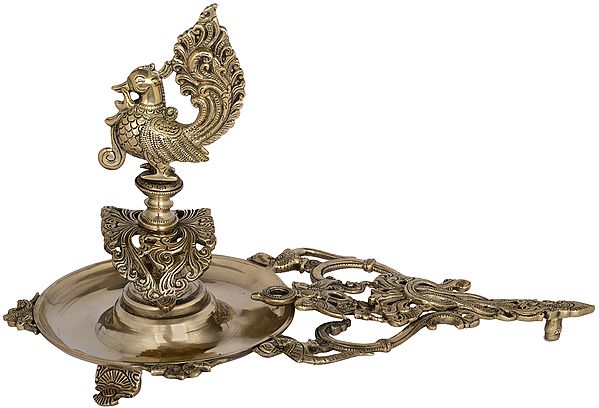 9" Fine Quality Brass Handheld Peacock Aarti Lamp | Handmade | Made in India