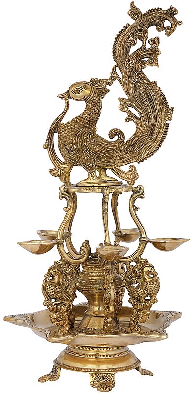 19" Ornately Plumaged Peacock Lamp In Brass | Handmade | Made In India
