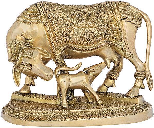 4" Mother Cow with Her Calf | Handmade Brass Statue | Made in India