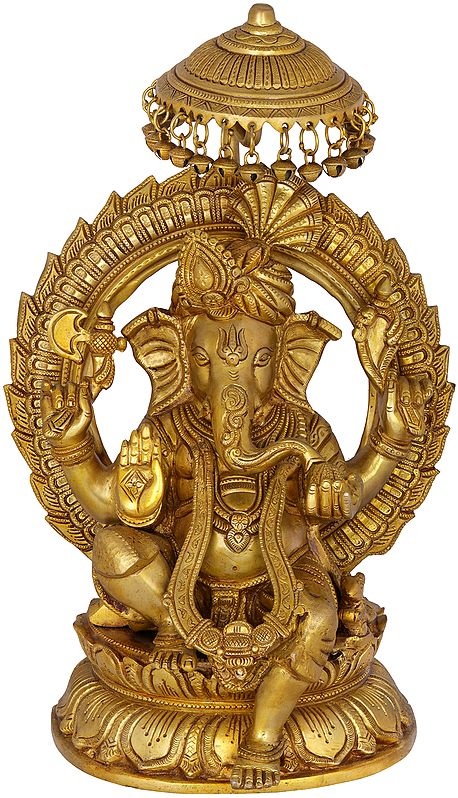 17" Pagdi Ganesha Seated on Lotus Throne with Parasol In Brass | Handmade | Made In India