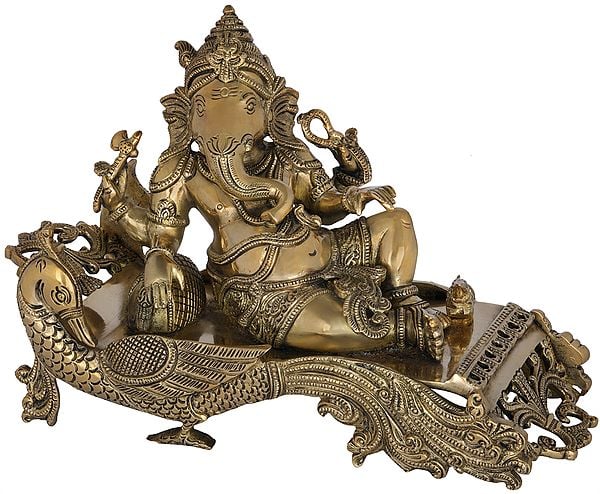 7" Brass Ganesha Idol Relaxing on a Peacock Recliner | Handmade | Made in India