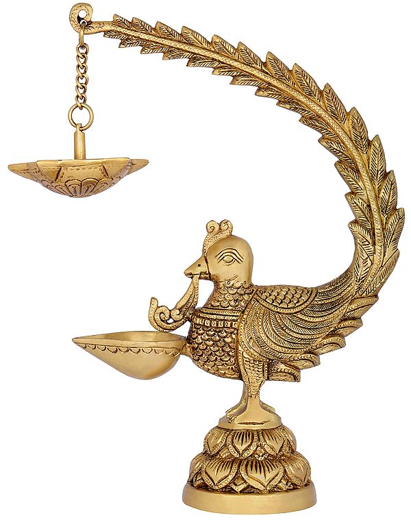 12" Brass Peacock Lamp with Five Wicks Diya Hanging on Peacock's Tail | Handmade | Made in India