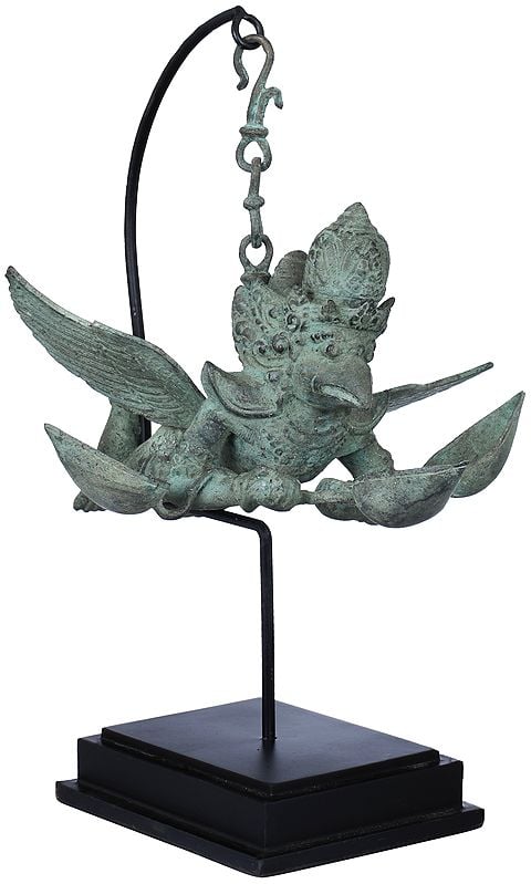 14" Mid-Flight Lord Garuda Surrounded By Three Suspended Lamps In Brass | Handmade | Made In India