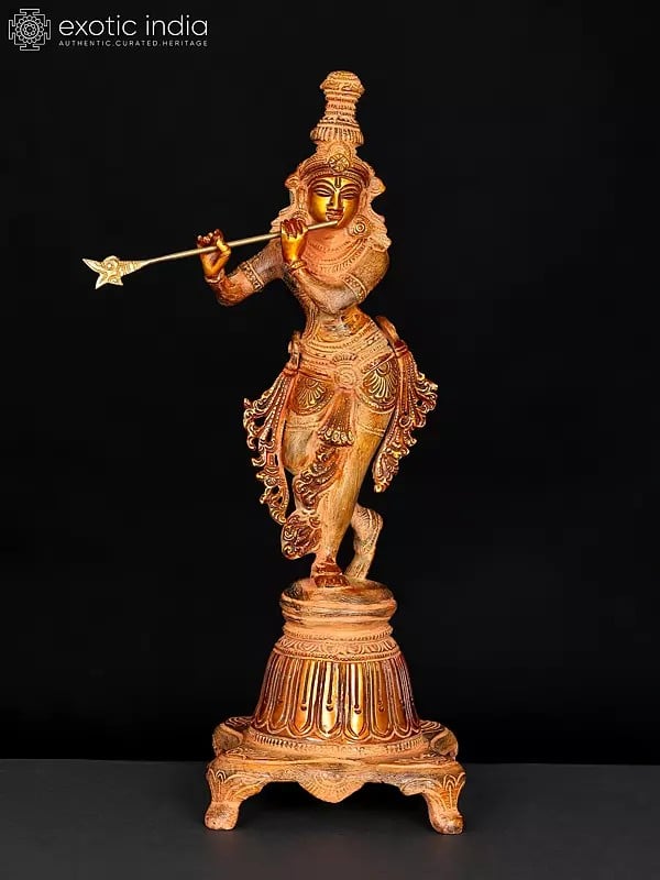 12" Lord Krishna on a High Pedestal In Brass