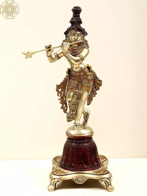 12" Lord Krishna on a High Pedestal In Brass