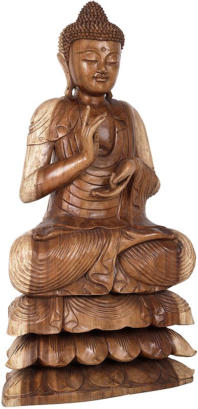 Dharmachakra Buddha With The Eyes Shut on Three-Layered Lotus