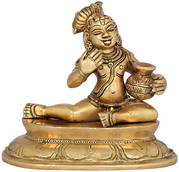 5" Smiling Butter Krishna Statue in Brass | Handmade | Made in India