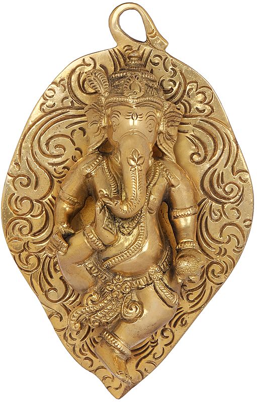 6" Baby Ganesha on Pipal Leaf – Brass Wall Hanging Statue | Handmade | Made in India
