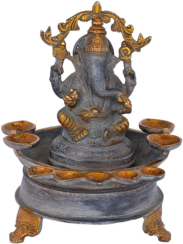 8" Nine-Wick Ganesha Lamp Vessel In Brass | Handmade | Made In India