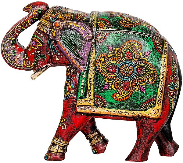 Colorfully Decorated Wooden Elephant with Upraised Trunk