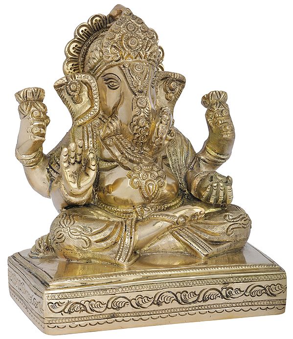 6" Bhagawan Ganesha Seated on Chowki In Brass | Handmade | Made In India