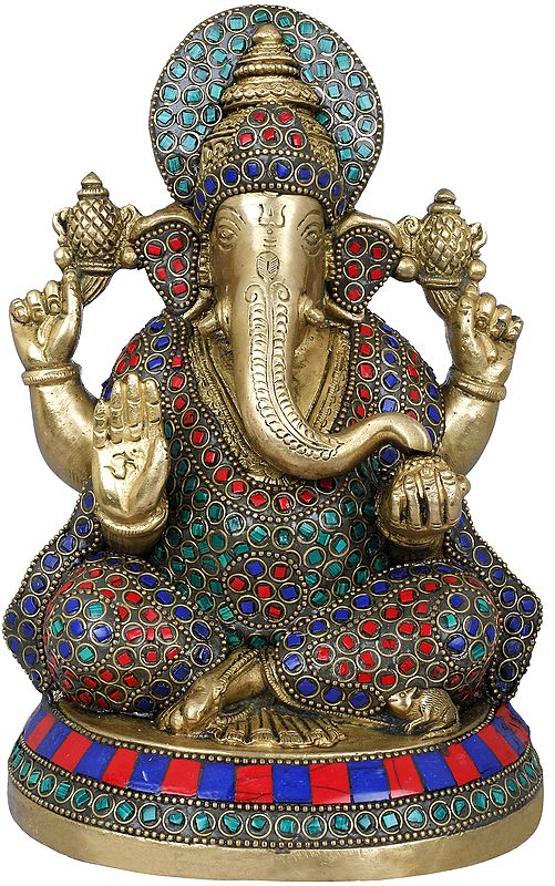 8" Inlaid Lord Ganesha In Brass | Handmade | Made In India
