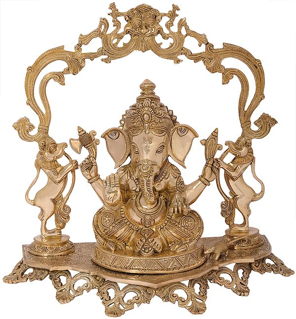 17" Superfine Bejewelled Ganesha on a Kirtimukha Topped Yali Throne In Brass | Handmade | Made In India