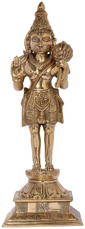 24" Blessing Hanuman Standing on a Tall Lotus Pedestal - Fine Quality In Brass | Handmade | Made In India