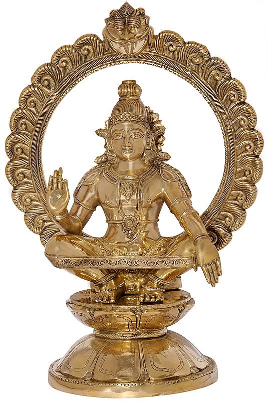 30" Superfine Large Ayyappan with a Lotus Kirtimukha Prabhawali In Brass | Handmade | Made In India