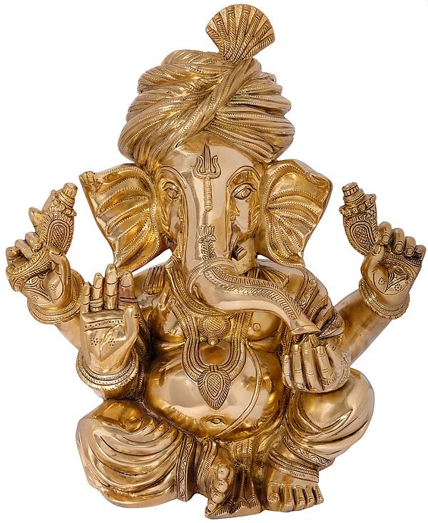 18" Superfine The Royal Grandeur of Turbaned Ganesha In Brass | Handmade | Made In India