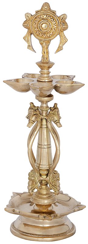 14" Ten Wicks Vaishnava Lamp with Vishnu Chakra in Brass | Handmade | Made in India