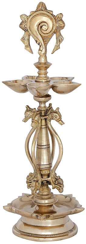 15" Ten Wicks Vaishnava Lamp with Vishnu Conch in Brass | Handmade | Made in India
