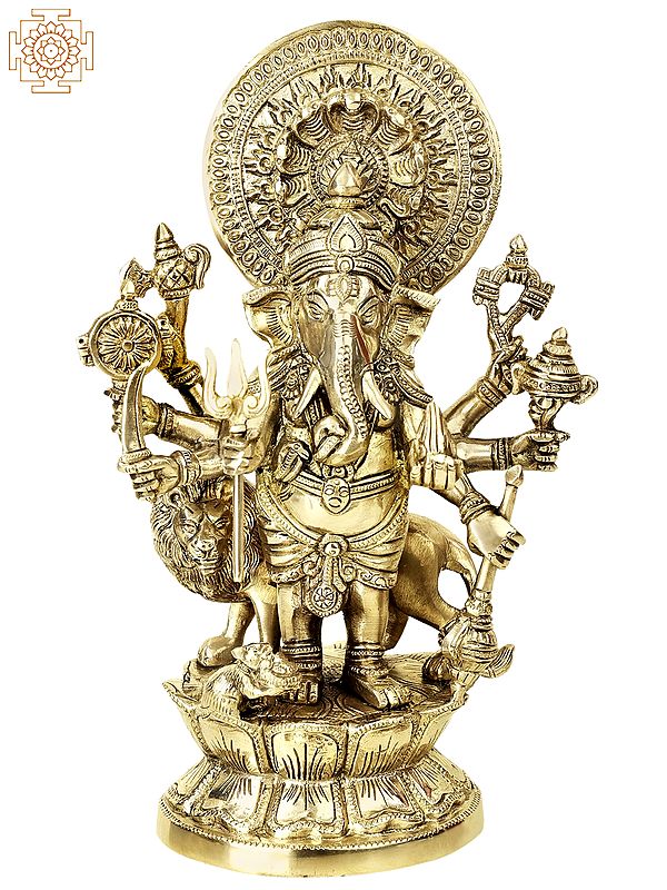 11" Brass Ashtabhuja Simha Ganesha Statue with Serpents Aureole | Handmade | Made in India