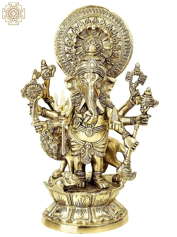 11" Ashtabhuja Simha Ganesha with Serpents Aureole In Brass | Handmade | Made In India