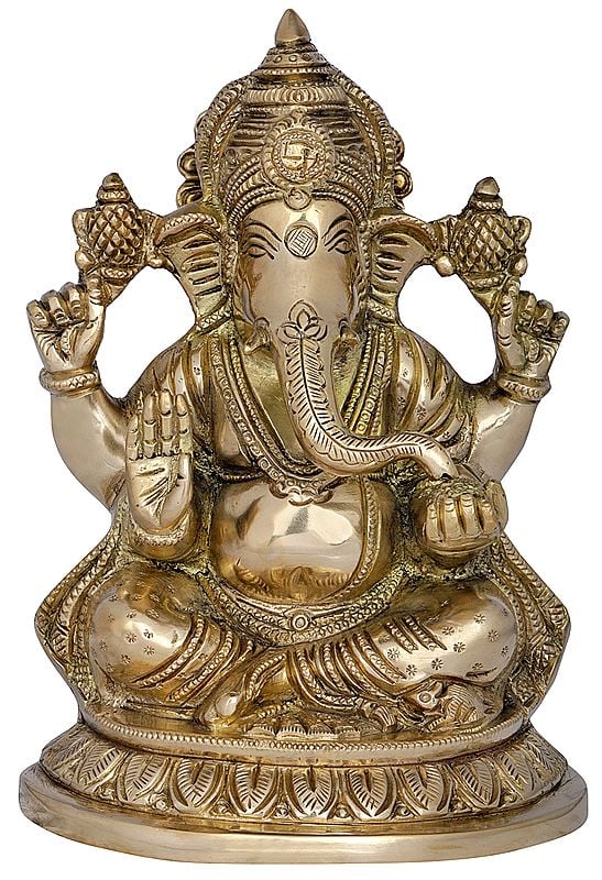 7" Chaturbhuja Ashirwad Ganesha In Brass | Handmade | Made In India