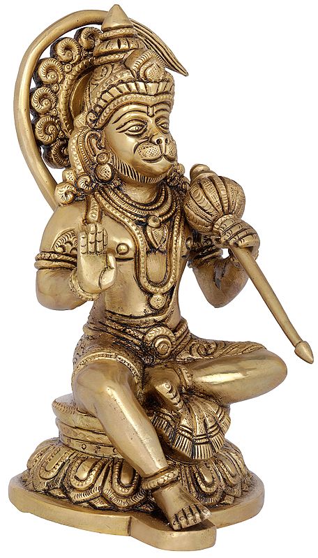8" Ornamented Seated Hanuman Blessing His Devotees In Brass | Handmade | Made In India