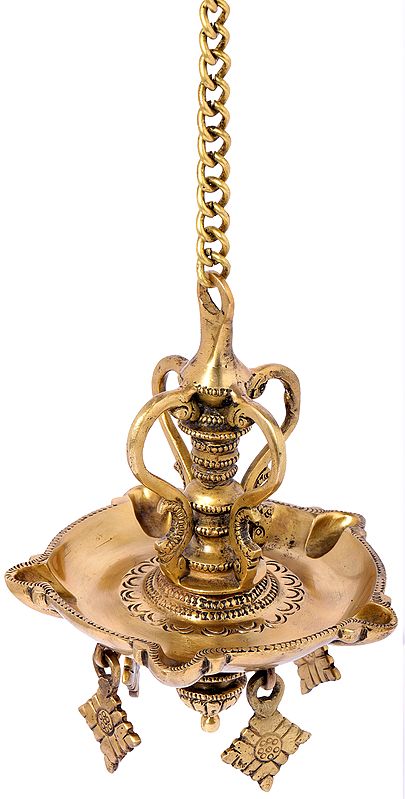 6" Five Wicks Roof Hanging Lamp with Diamond Shaped Danglers in Brass