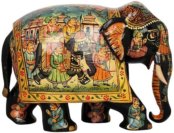 Wooden Elephant Decorated with Miniature Paintings