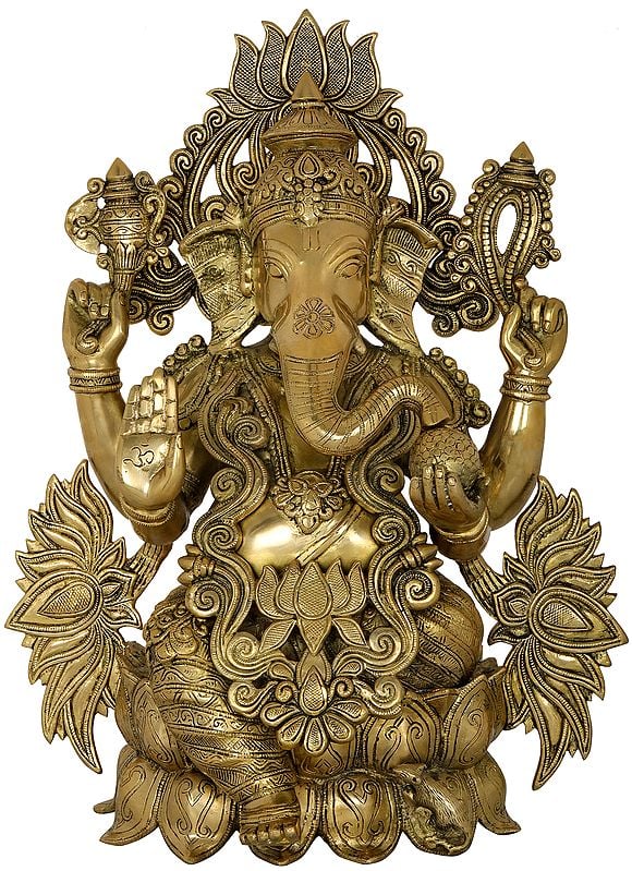 21" Seated Lord ganesha Surrounded By A Sea Of Lotuses In Brass | Handmade | Made In India