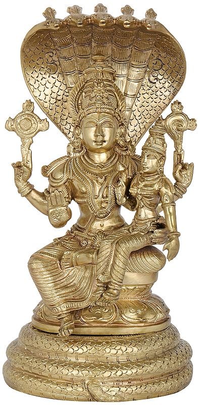 13" Lord Vishnu with Goddess Lakshmi Seated on Sheshanaga (Hoysala Art) | Handmade | Made In South India