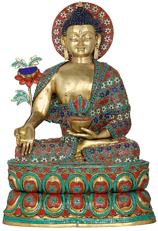 37" Myrobalan Buddha In Brass | Inlayed Statue | Made In India