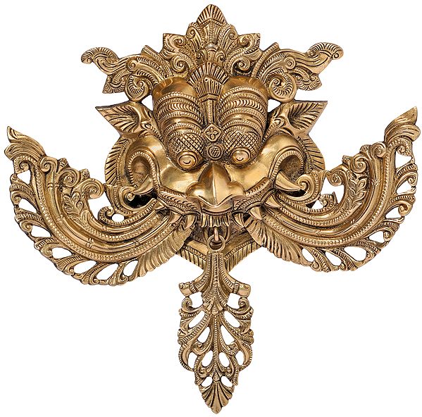 18" Kirtimukha Wall Hanging with Stylized Protruding Fangs In Brass | Handmade | Made In India