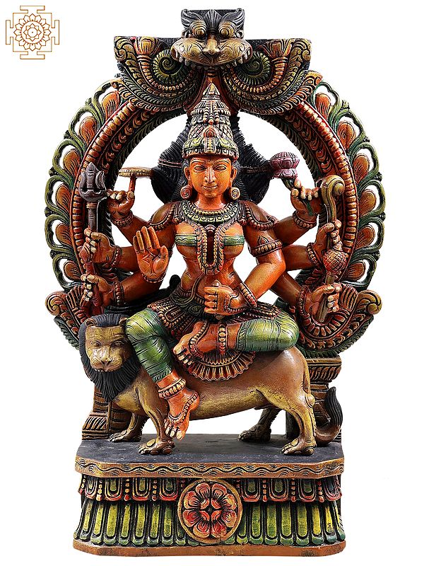 36" Aashirvada Devi Durga Under A Richly Engraved Aureole | Wood | Handmade | Made In India