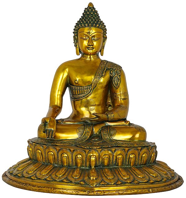 22" Sun Hued Meditating Buddha Brass Idol on a Lotus Pedestal | Handmade