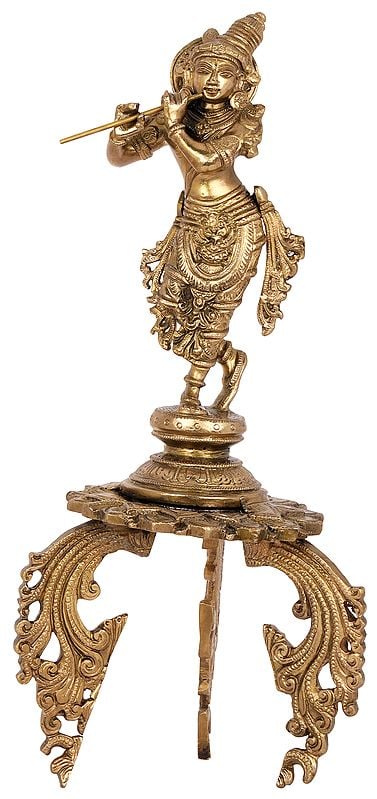 16" Tribhanga Murari Krishna on an Ornate Stand | Handmade Bronze Statue