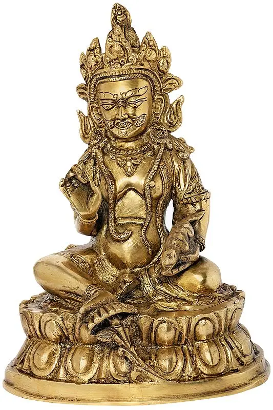 9" Tibetan Buddhist Kubera Seated on Lotus Pedestal In Brass | Handmade | Made In India