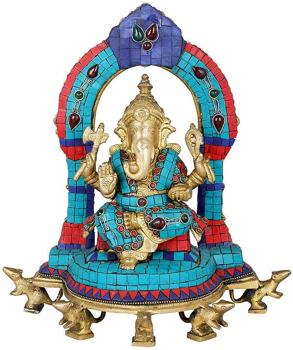 11" Enthroned Ganesha on Five Rats (Inlay Statue) In Brass | Handmade | Made In India