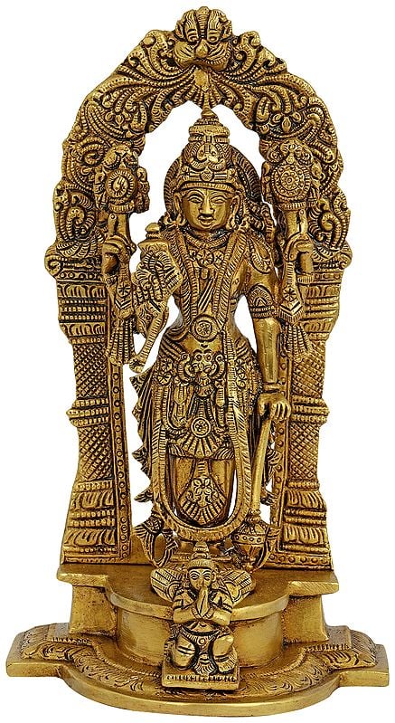 9" Lord Vishnu Standing in a Traditional Prabhavali with Garuda in Obeisance at His Feet In Brass | Handmade | Made In India