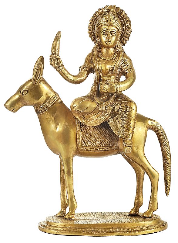 12" Shitala Mata Seated on a Donkey In Brass | Handmade | Made In India