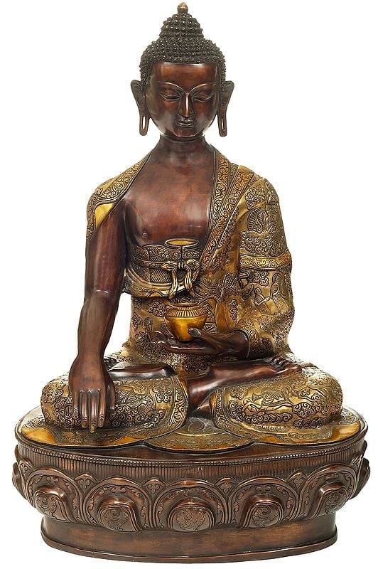 22" Bitone Buddha Seated on A Gigantic Lotus Bloom Throne Handmade Brass Statue | Made in India