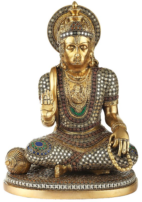 9" Beautiful Stone Inlayed Hanuman with Lord Rama Residing in His Chest In Brass | Handmade | Made In India