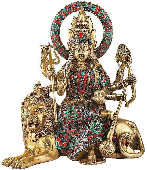 10" Colorful Inlayed Durga (Sheravali) Mata in her Subtle Beauty In Brass | Handmade | Made In India