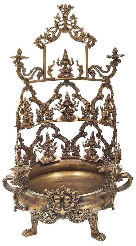 23" Ashtalakshmi Urli With Lamp-Trays At The Zenith And Around The Vessel In Brass | Handmade | Made In India