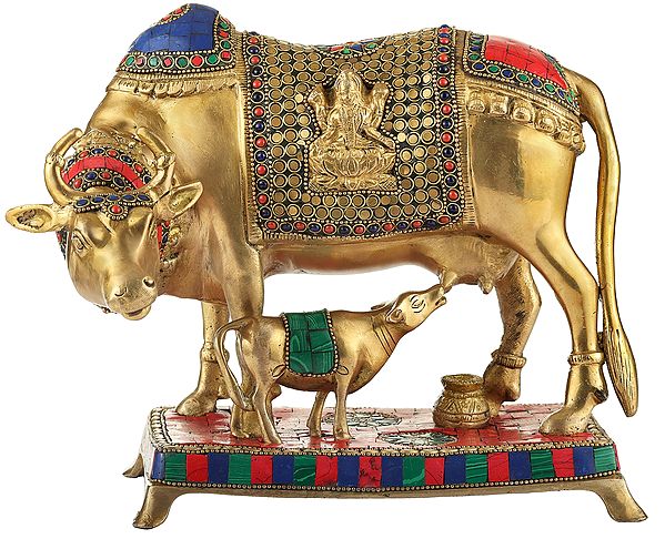 10" Colorful Inlayed Mother Cow Feeding Her Calf In Brass | Handmade | Made In India