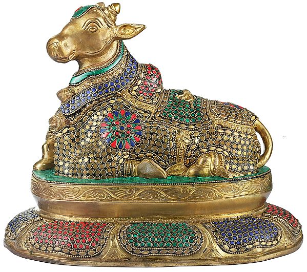 12' Beautiful Inlayed Nandi Seated on a Lotus Plinth In Brass | Handmade | Made In India