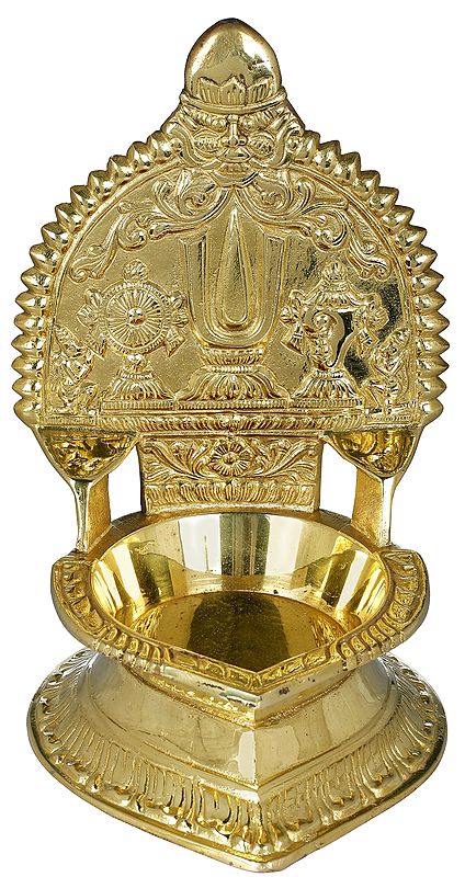 5" Brass Large Lamp with Vaishnava Symbols from South India | Handmade | Made in India